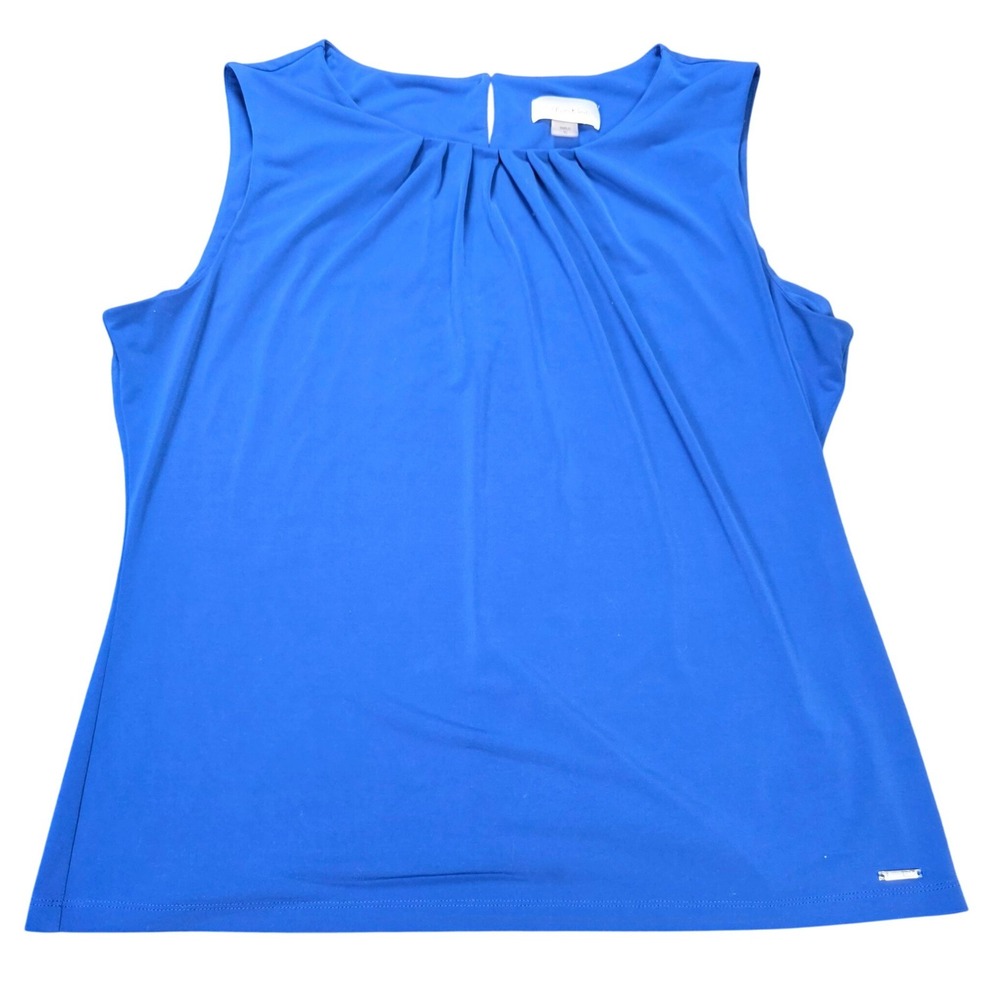 Calvin Klein Sleeveless Shell Blouse Top Women's Size XL Royal Blue Pleated Neck